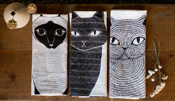 cat illustration tea towels